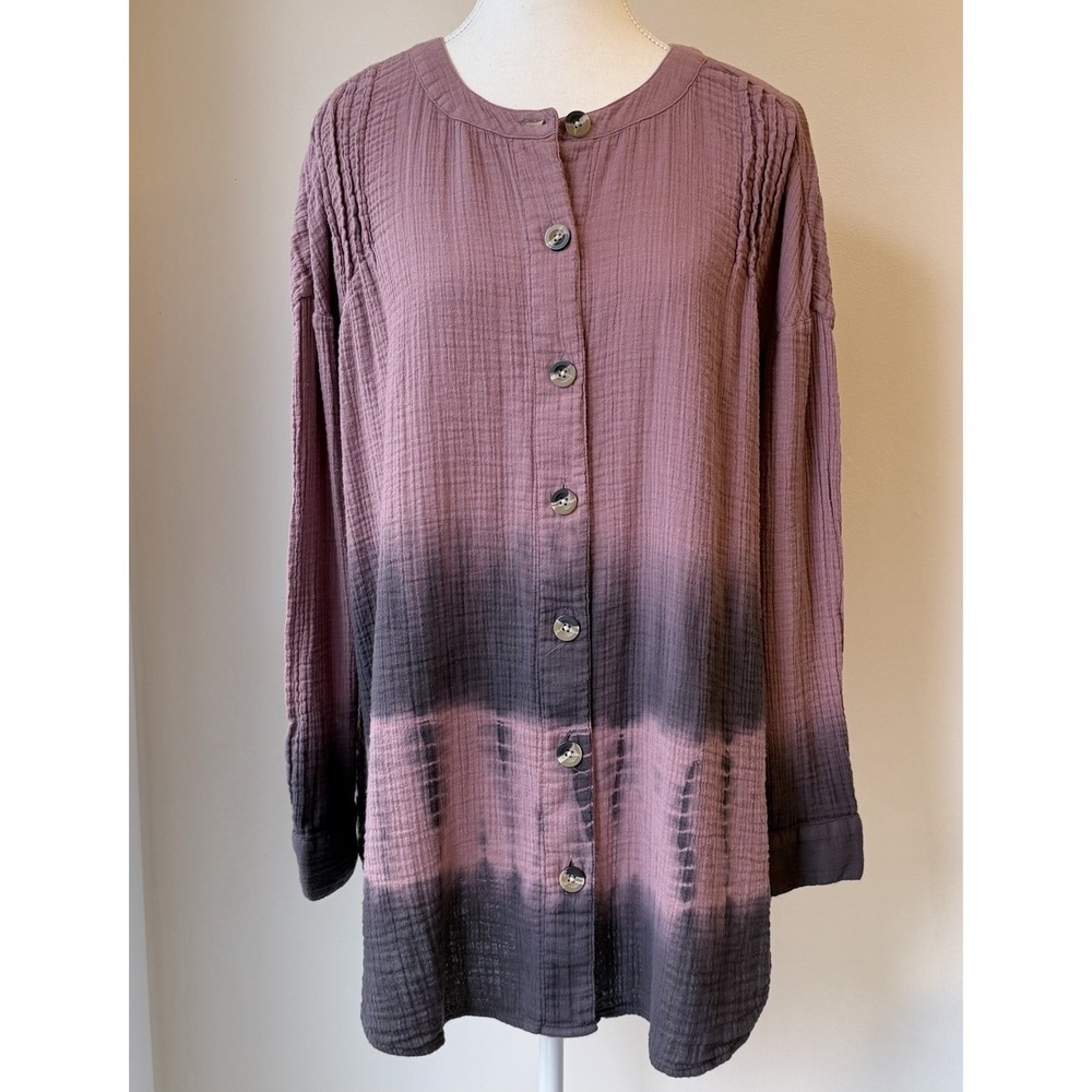 Pure Jill Crinkle Gauze Tunic Top Medium Purple To Gray Ombré Lagenlook Hippie - Picture 2 of 7